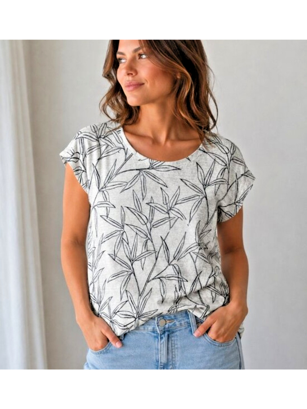 CYNTHIA ROWLEY 100% Linen Leaf Print Cap Sleeve Top Large White Black Tropical